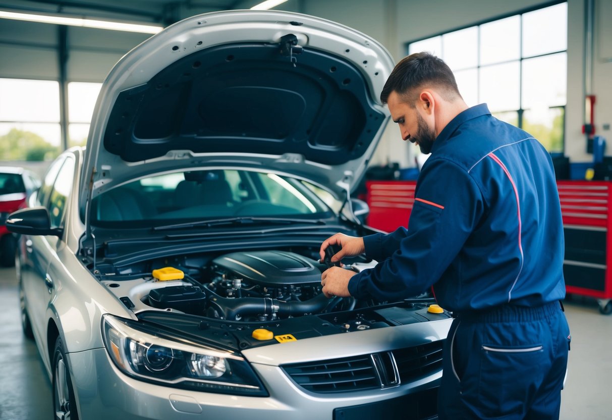A mechanic performing a thorough car servicing, inspecting engine, fluids, and tires in a well-lit garage