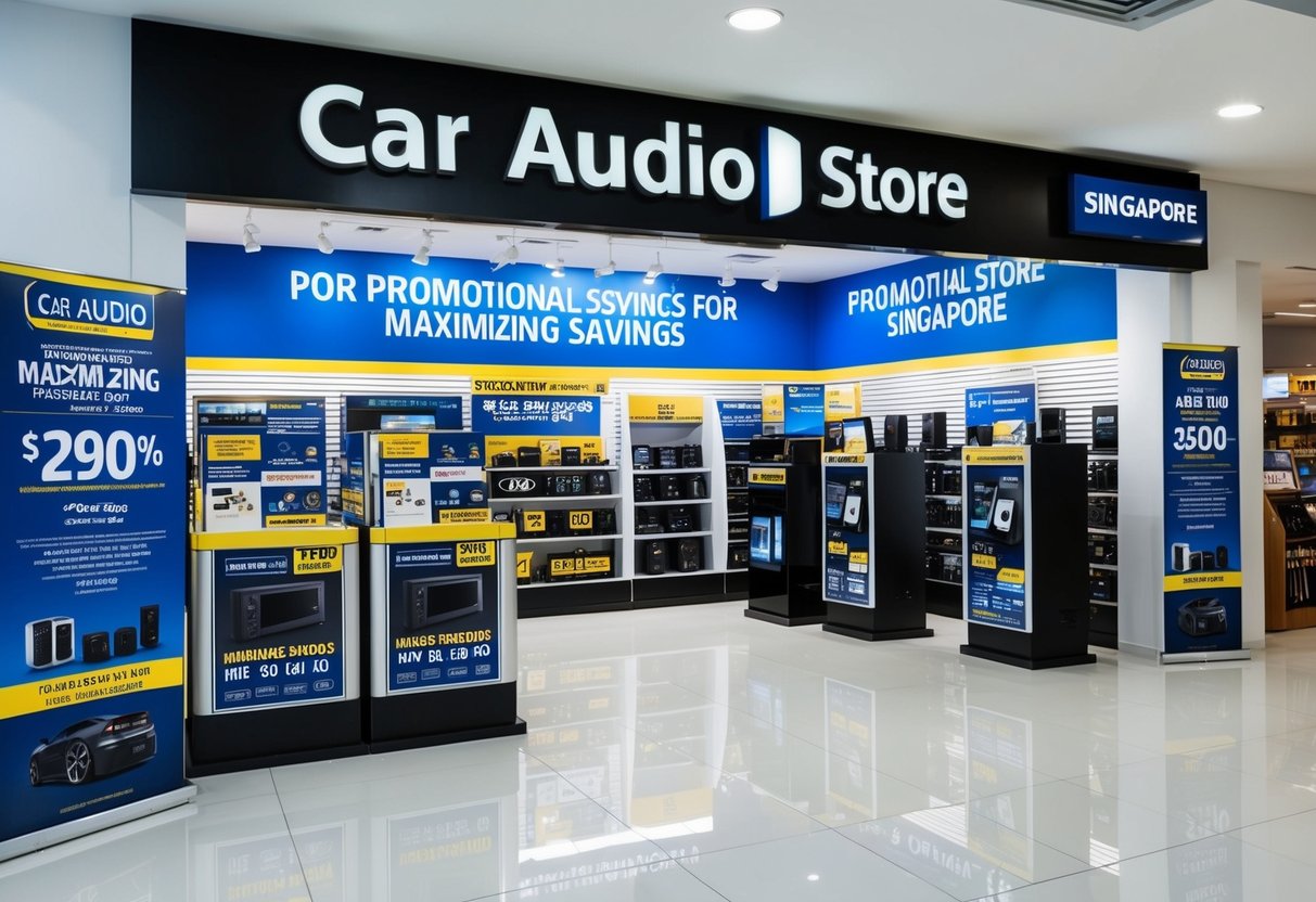 A car audio store in Singapore with promotional signs and displays showcasing various products for maximizing savings
