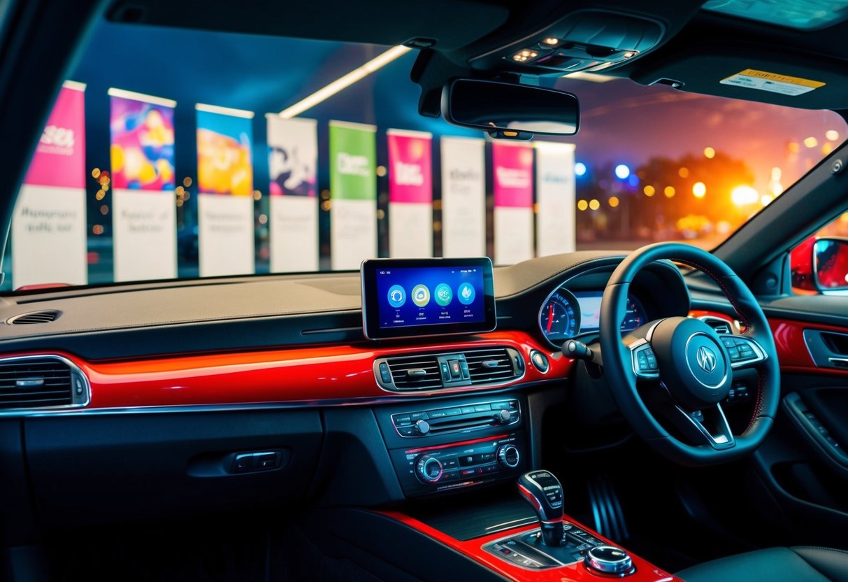 A sleek car interior with vibrant audio equipment and promotional banners