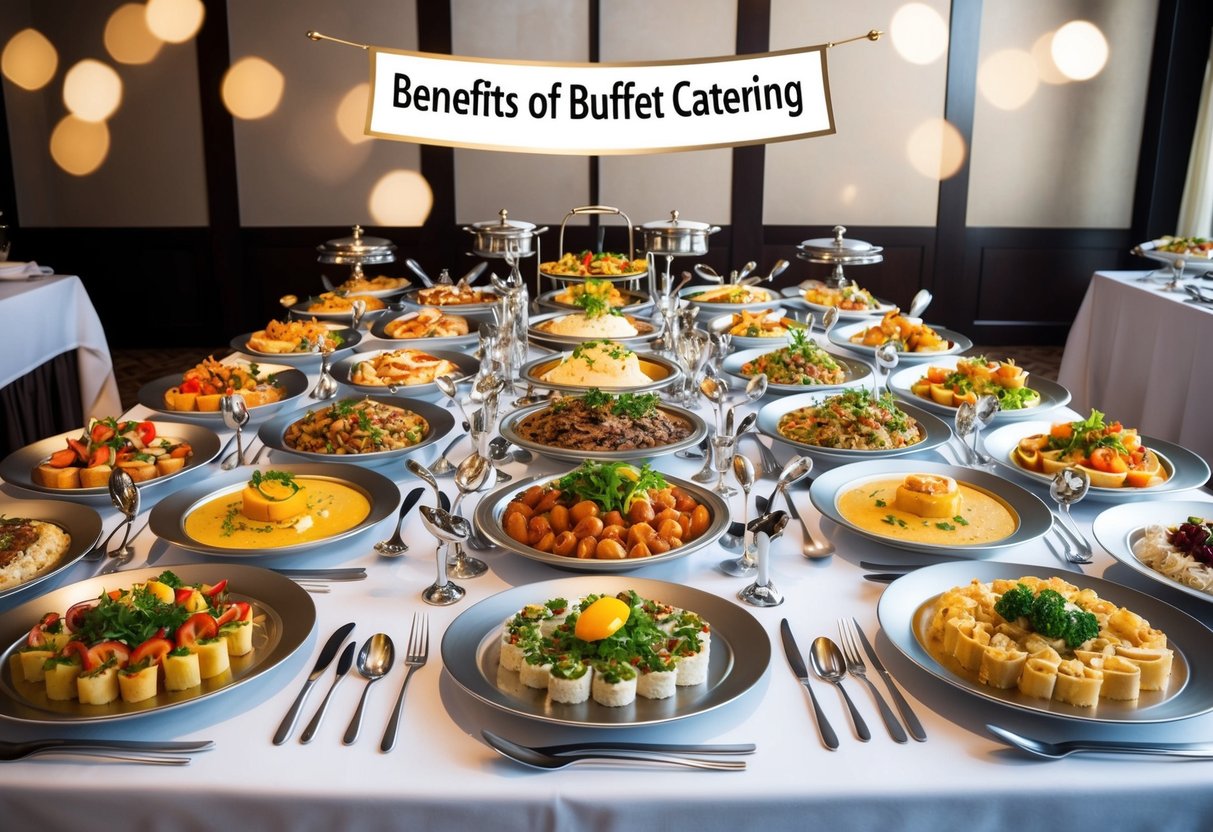 A lavish spread of gourmet dishes displayed on a long table, surrounded by elegant serving platters and utensils. A banner above reads "Benefits of Buffet Catering."