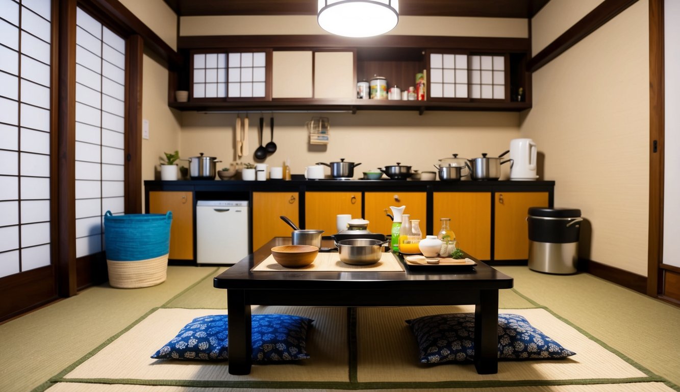 Sebuah dapur tradisional Jepang dengan meja rendah, tikar tatami, dan berbagai peralatan serta bahan masak