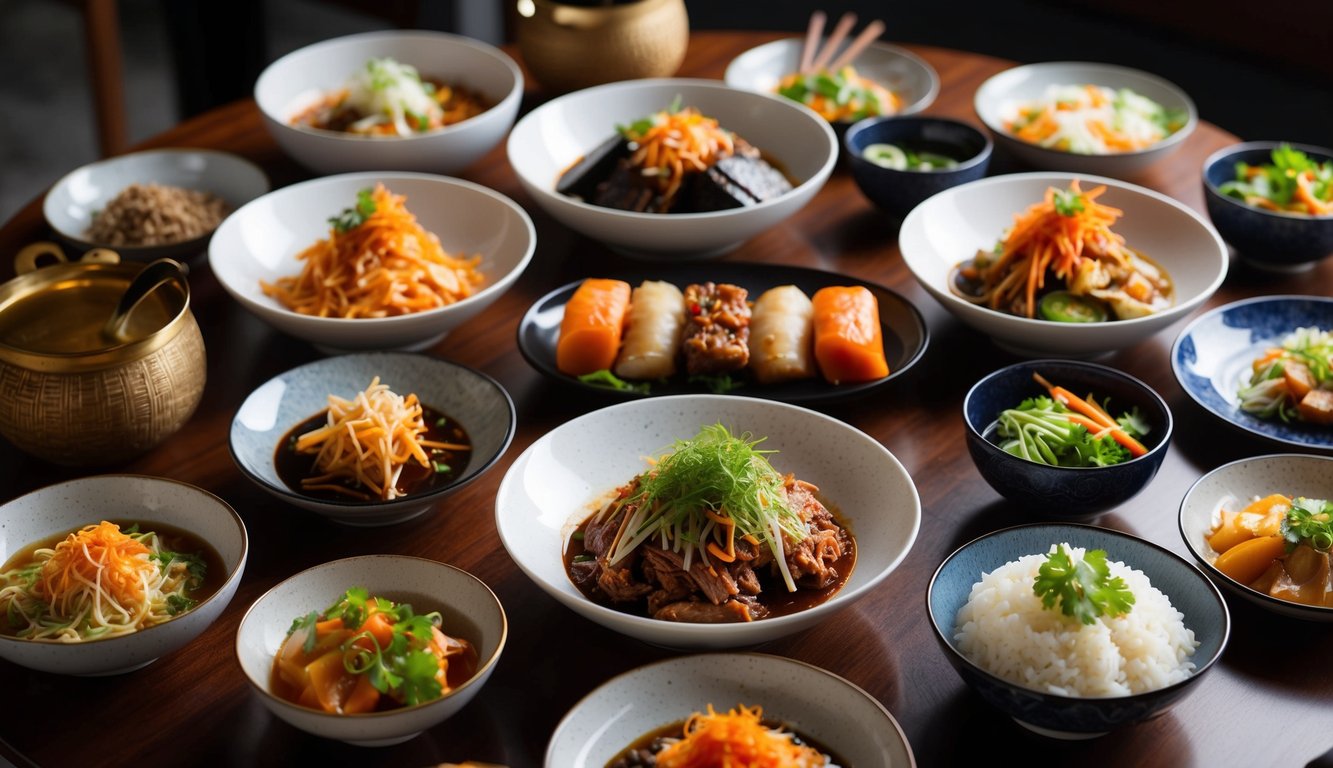 Sebuah meja yang disiapkan dengan berbagai hidangan Korea, termasuk kimchi, bulgogi, dan bibimbap, dikelilingi oleh peralatan tradisional Korea dan elemen dekoratif.