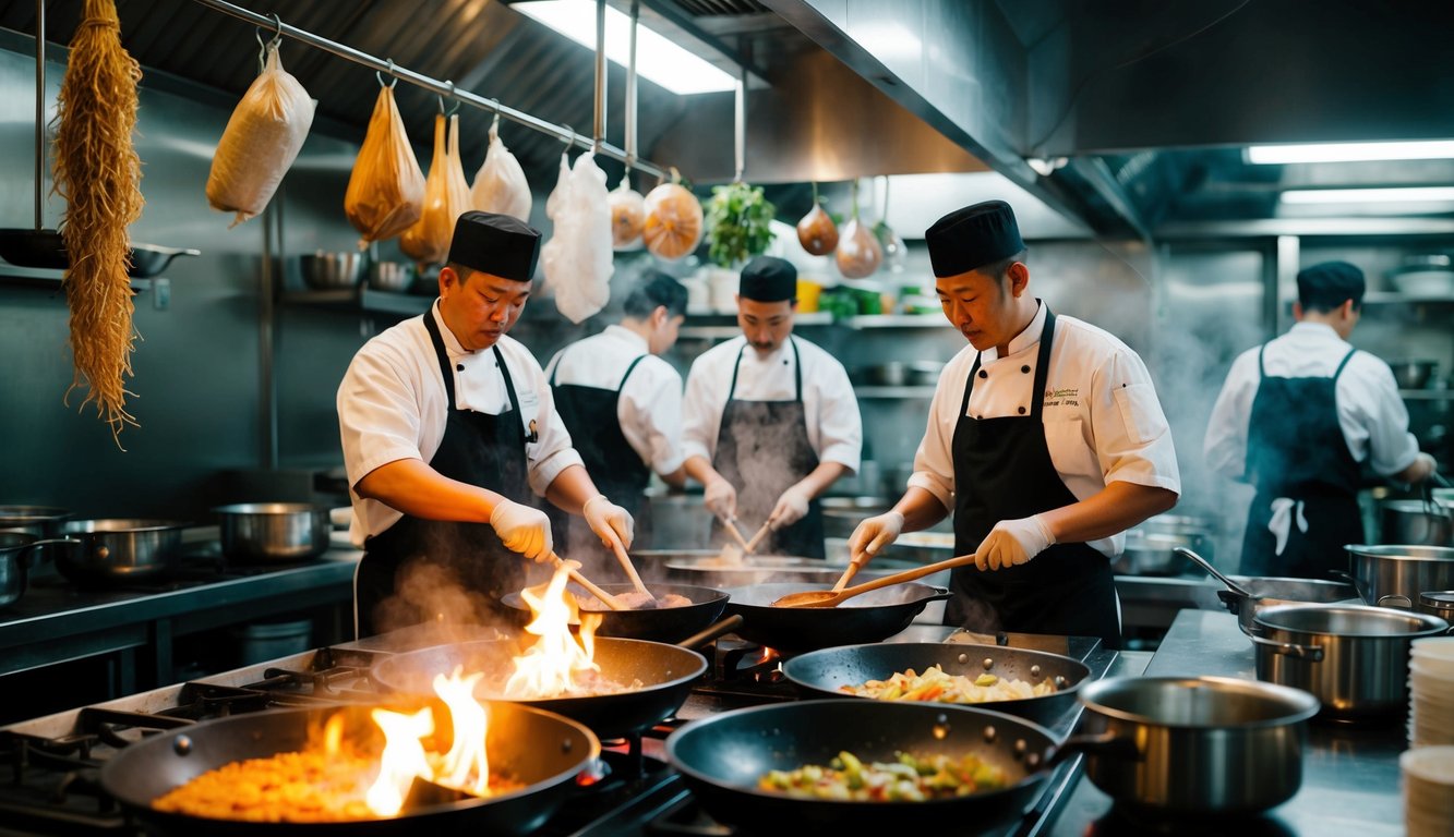 Dapur Cina yang ramai dengan koki yang memasak di atas api terbuka dan wajan, dikelilingi oleh bahan-bahan yang menggantung dan panci yang menguap