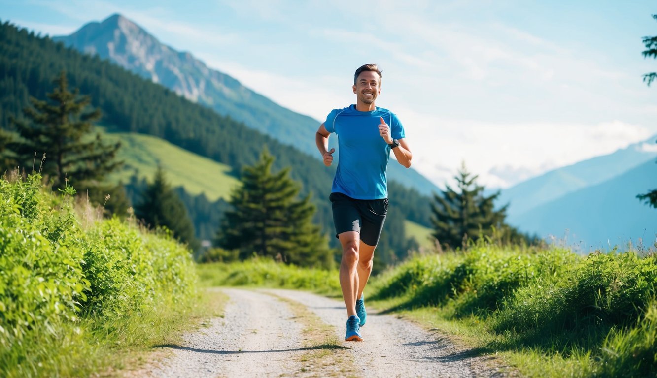 Seorang yang jogging di jalur yang indah dengan pepohonan rimbun dan langit biru yang cerah, dikelilingi oleh gunung dan pohon-pohon