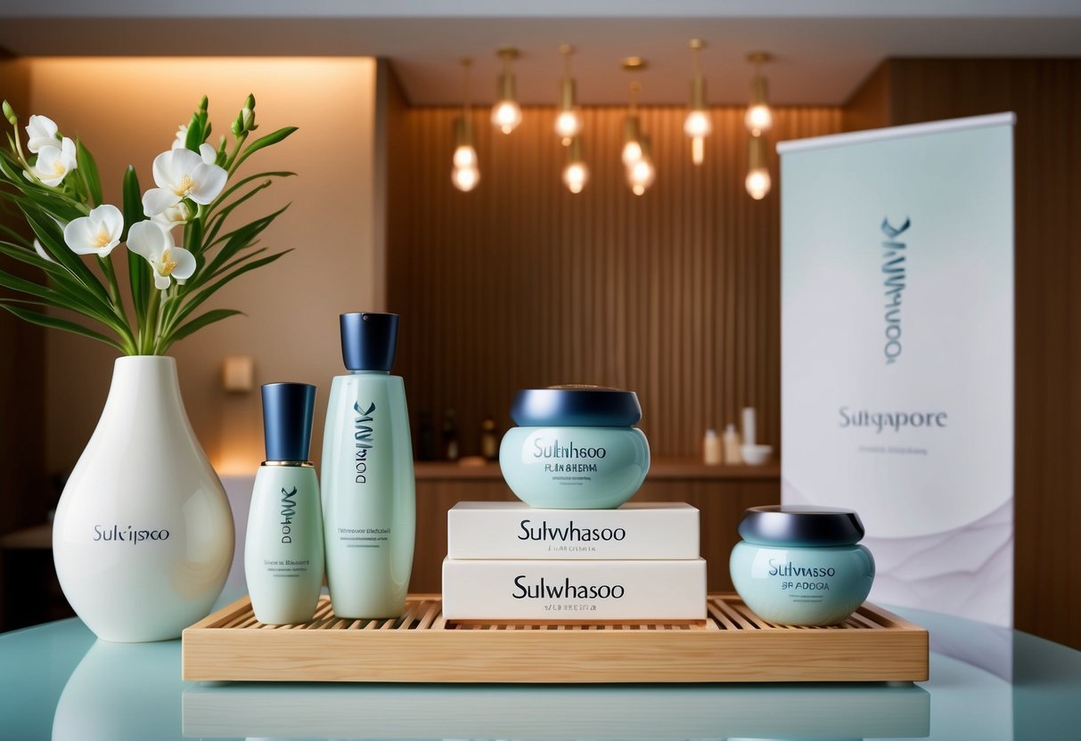 A serene spa-like setting with Sulwhasoo products displayed and a promotional banner for Singapore, evoking luxury and relaxation