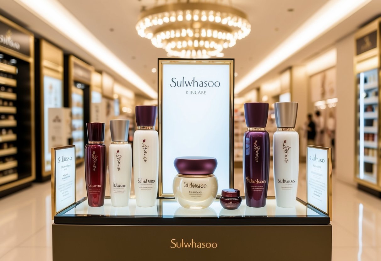 A luxurious display of Sulwhasoo skincare products with promotional signage in a bustling Singaporean department store