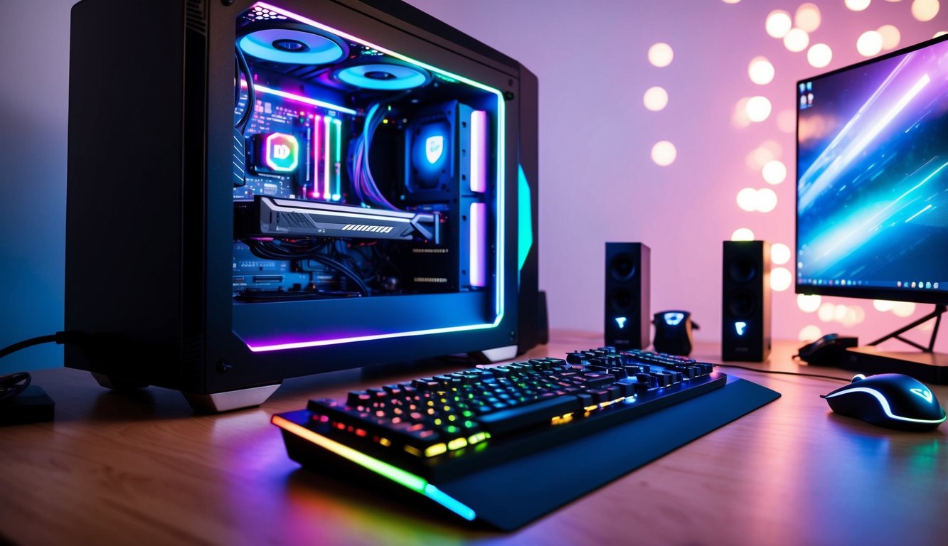 Sebuah setup PC gaming futuristik dengan pencahayaan RGB dan periferal canggih