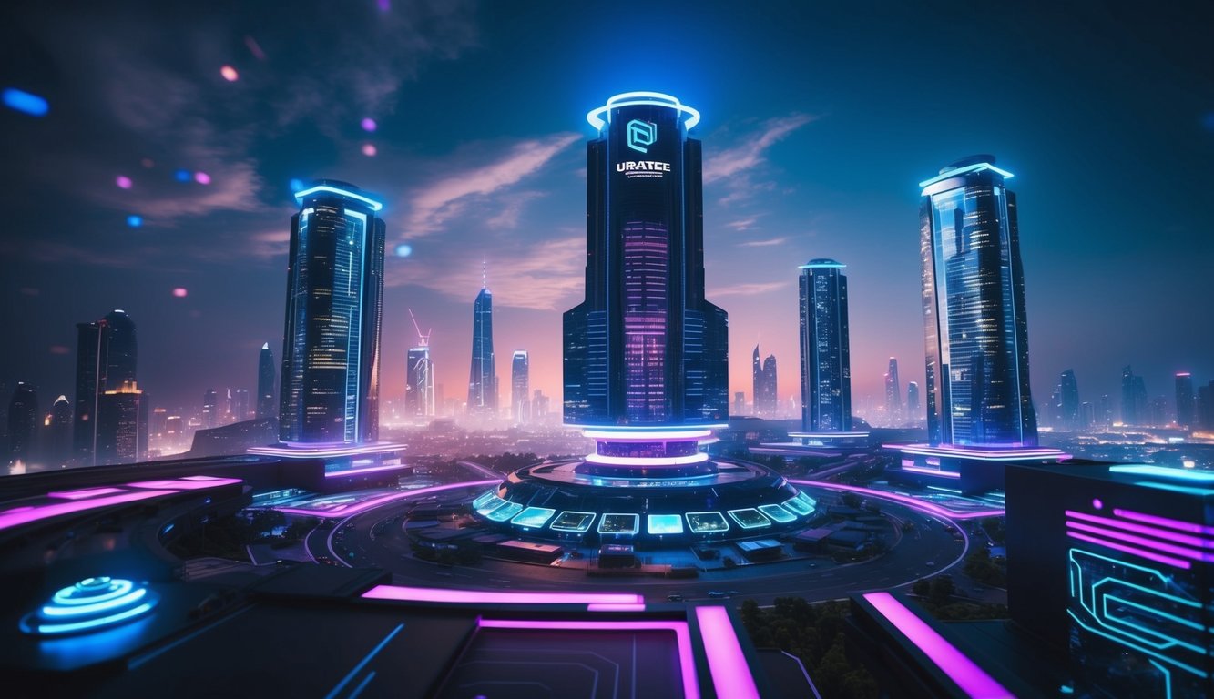 Sebuah pemandangan kota futuristik dengan lampu neon dan gedung pencakar langit yang menjulang tinggi, menampilkan turnamen game mobile berteknologi tinggi