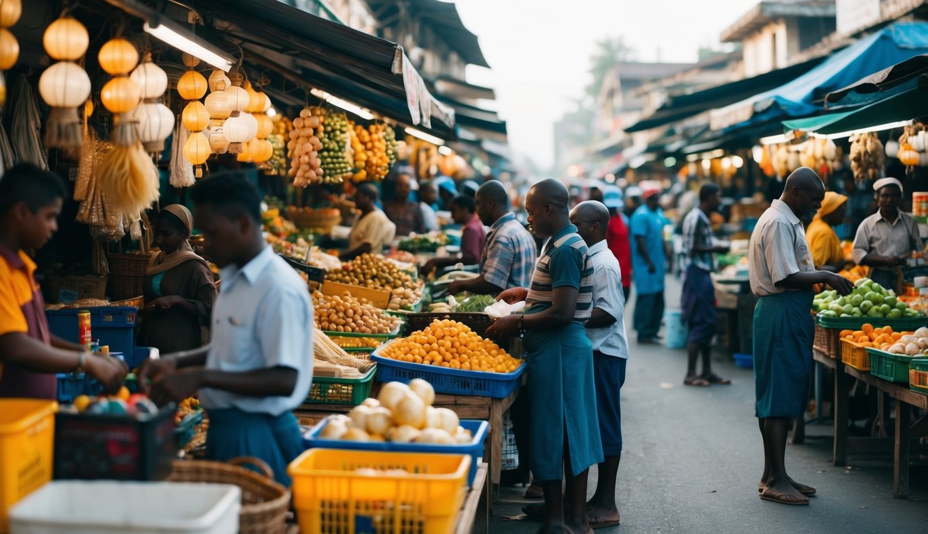 Pasar yang ramai di negara berkembang, dengan pedagang menjual barang dan orang-orang terlibat dalam aktivitas ekonomi