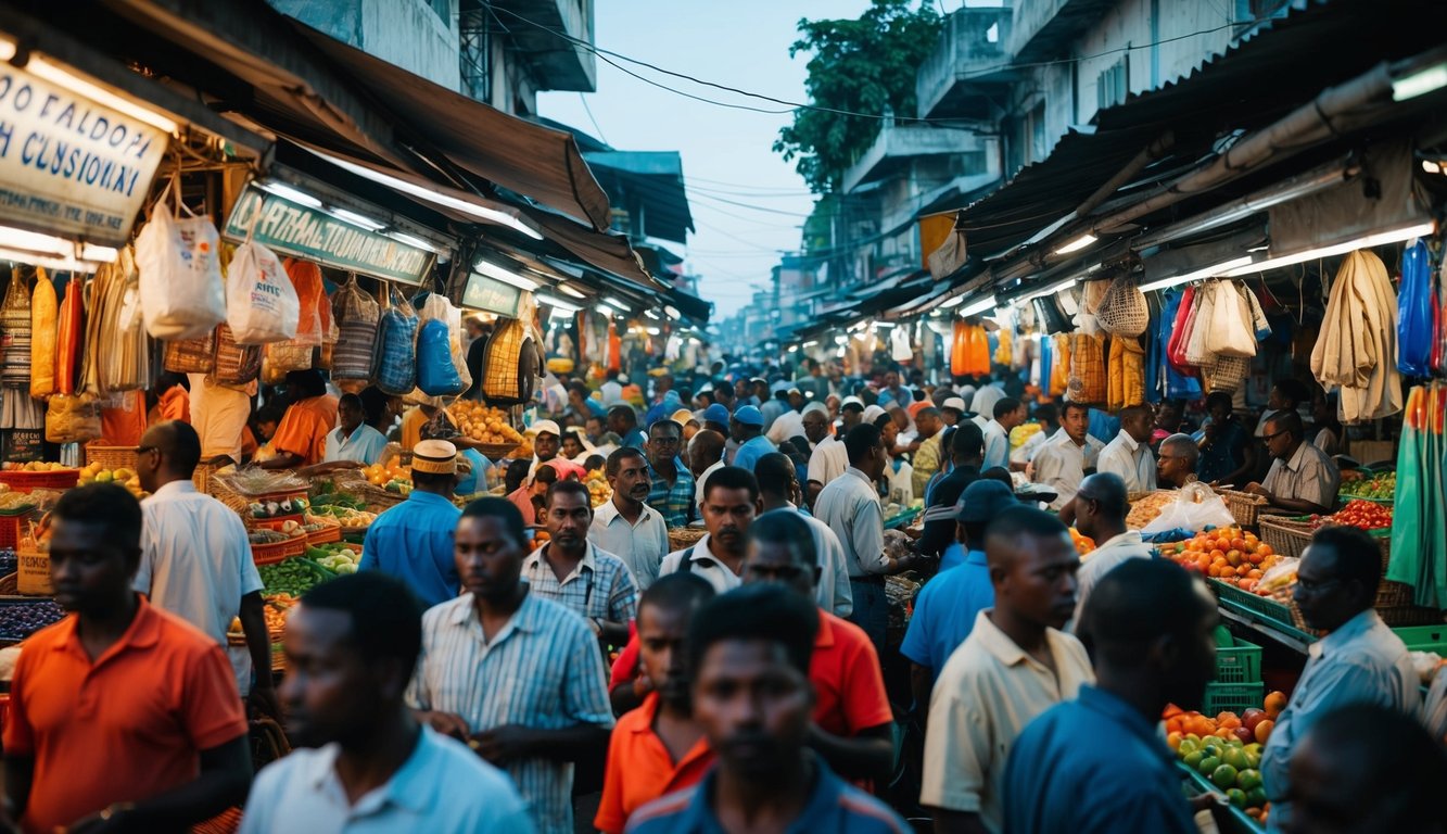 Pasar yang ramai dengan berbagai penjual dan pembeli di negara berkembang