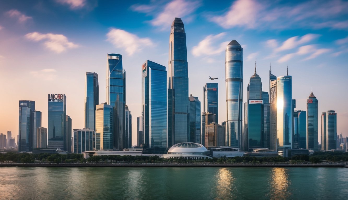 Garis langit kota yang ramai dengan gedung pencakar langit modern dan tanda investasi asing