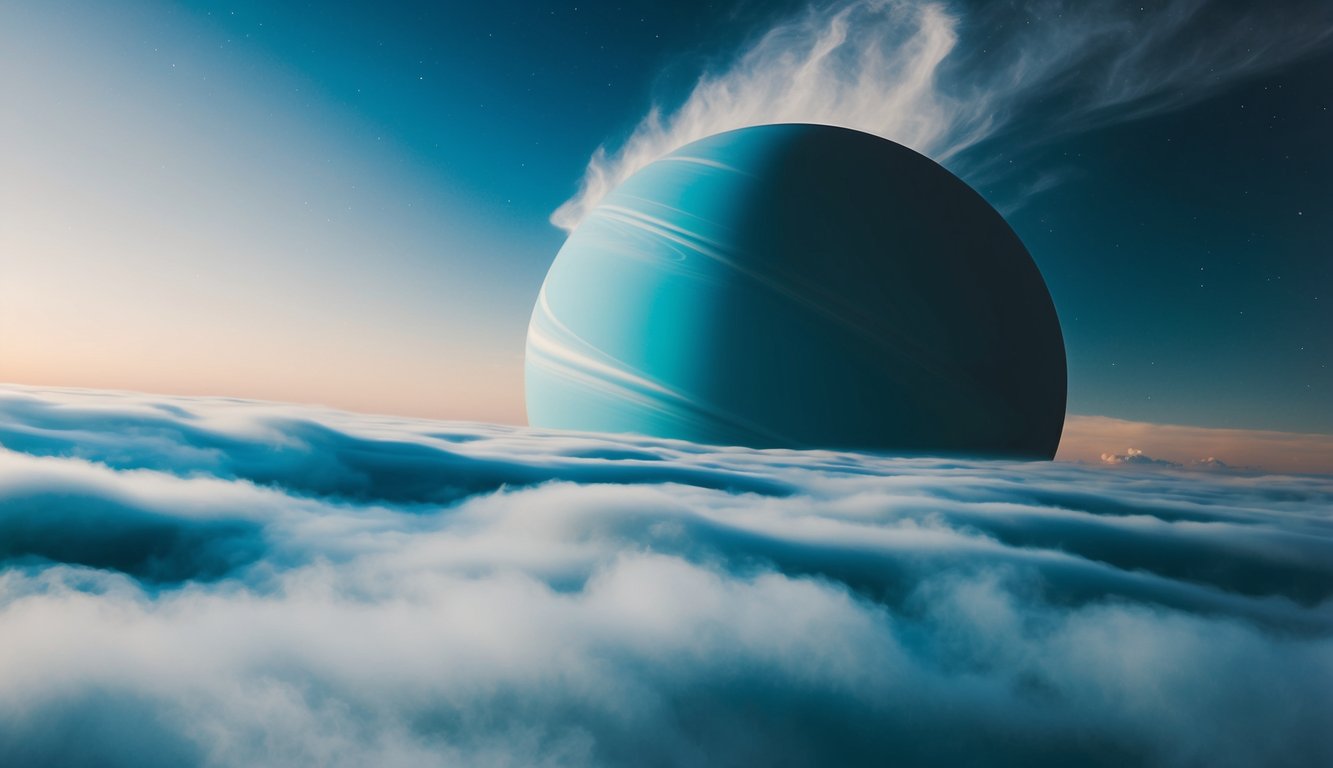 Awan biru dan teal yang berputar di atmosfer Neptunus menciptakan pemandangan yang mempesona dan tidak seperti dunia ini