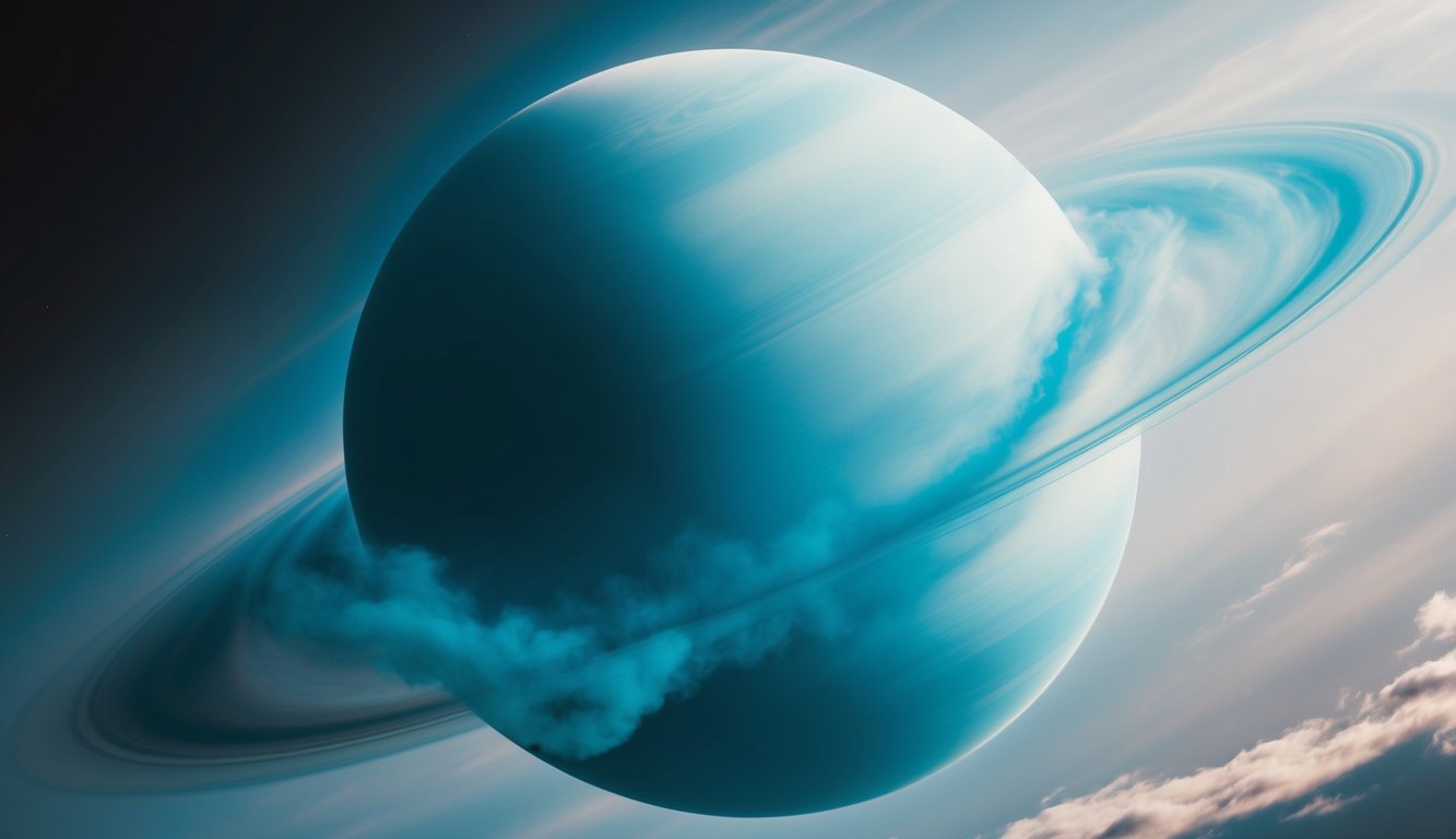 Gas biru dan turquoise yang berputar di Neptunus menciptakan suasana yang mempesona dan tidak dari dunia ini. Awan tipis dan badai yang bergolak menari di permukaan planet, memberinya kesan gerakan dinamis.