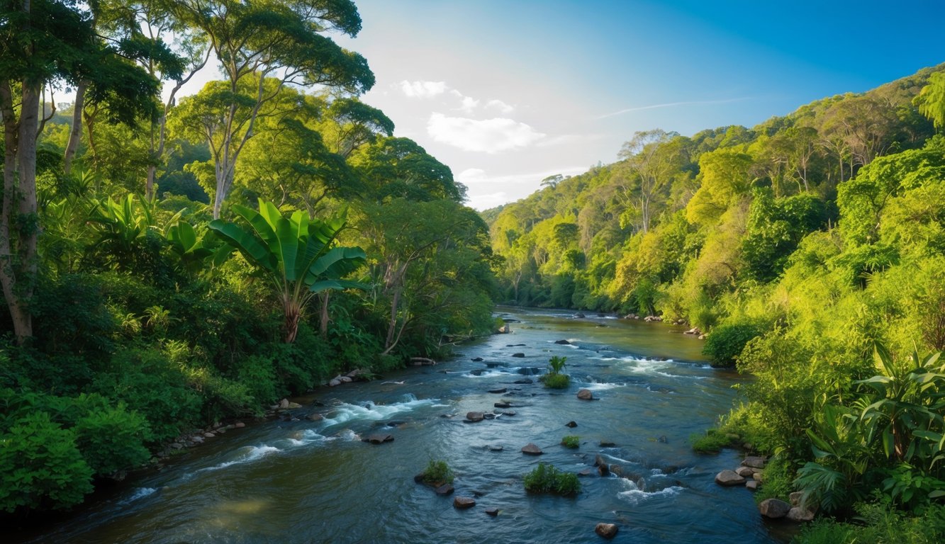 Hutan rimbun dengan keanekaragaman kehidupan tumbuhan dan hewan, sungai yang mengalir, dan langit biru yang cerah