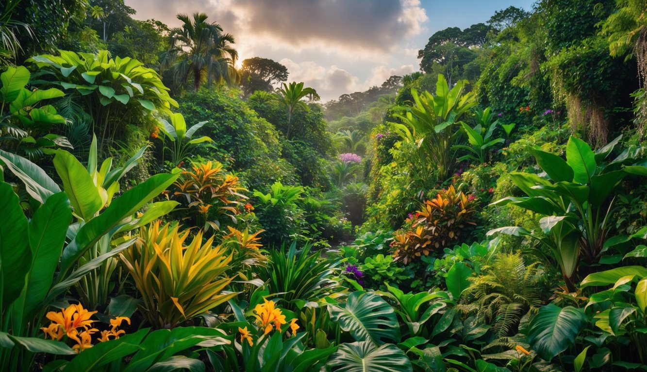 Ekosistem yang subur dan beragam dengan flora dan fauna yang hidup, dipenuhi dengan kehidupan dan warna