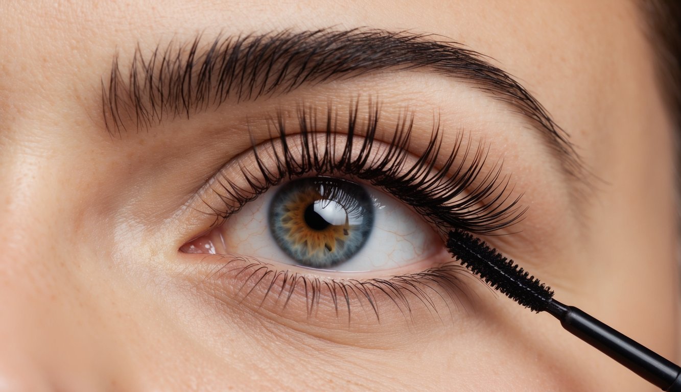 Bulu mata panjang dan melengkung dengan mascara yang diaplikasikan, menekankan panjang dan kelentikannya