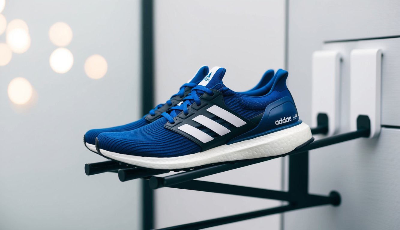 Sekelompok sepatu lari Adidas yang diletakkan di rak sepatu yang ramping dan modern dengan latar belakang minimalis