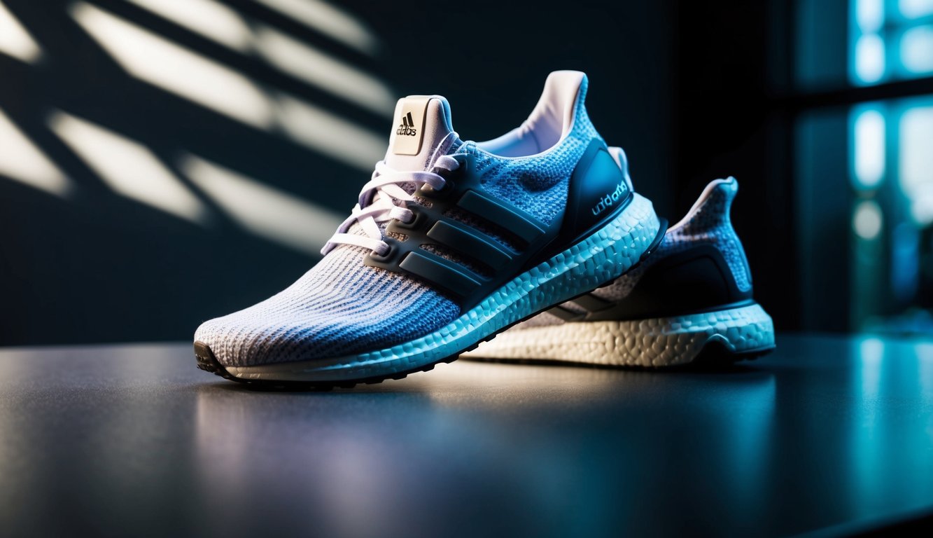 Sekumpulan sepatu Adidas Ultraboost di permukaan yang ramping dan modern dengan pencahayaan dinamis yang menciptakan bayangan dramatis