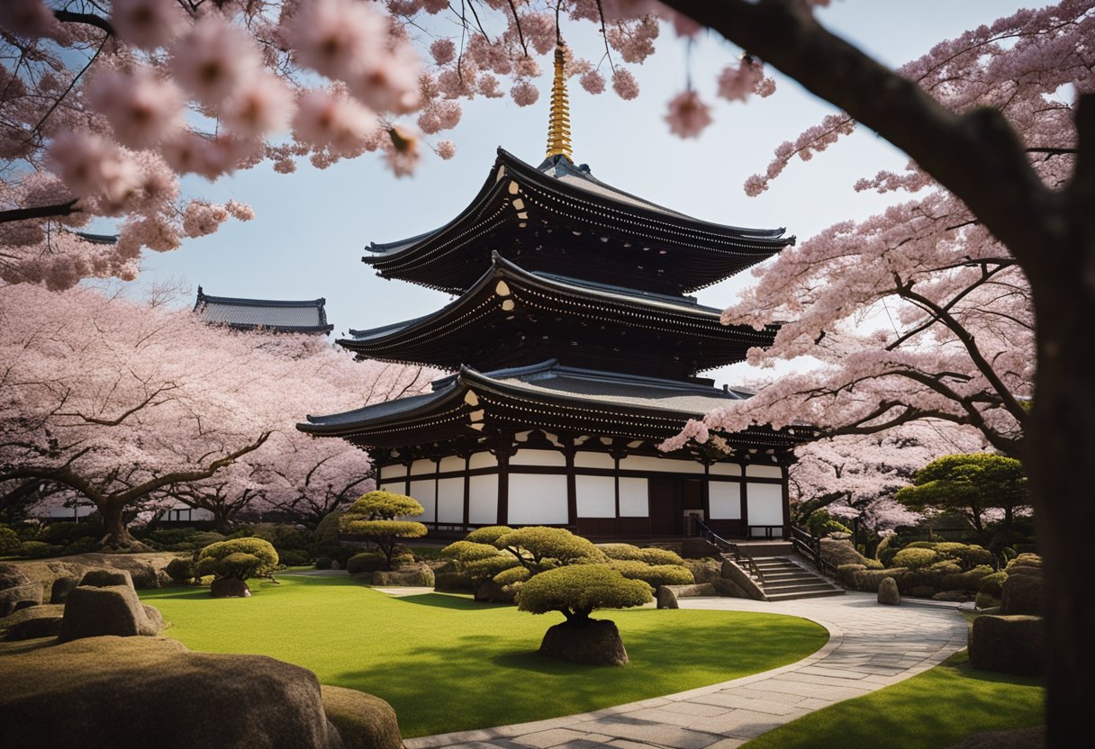 Where to Travel in March: Top Destinations for Spring Adventures 3 A serene cherry blossom garden in Tokyo, Japan, with blooming trees and a traditional pagoda in the background Where to Travel in March