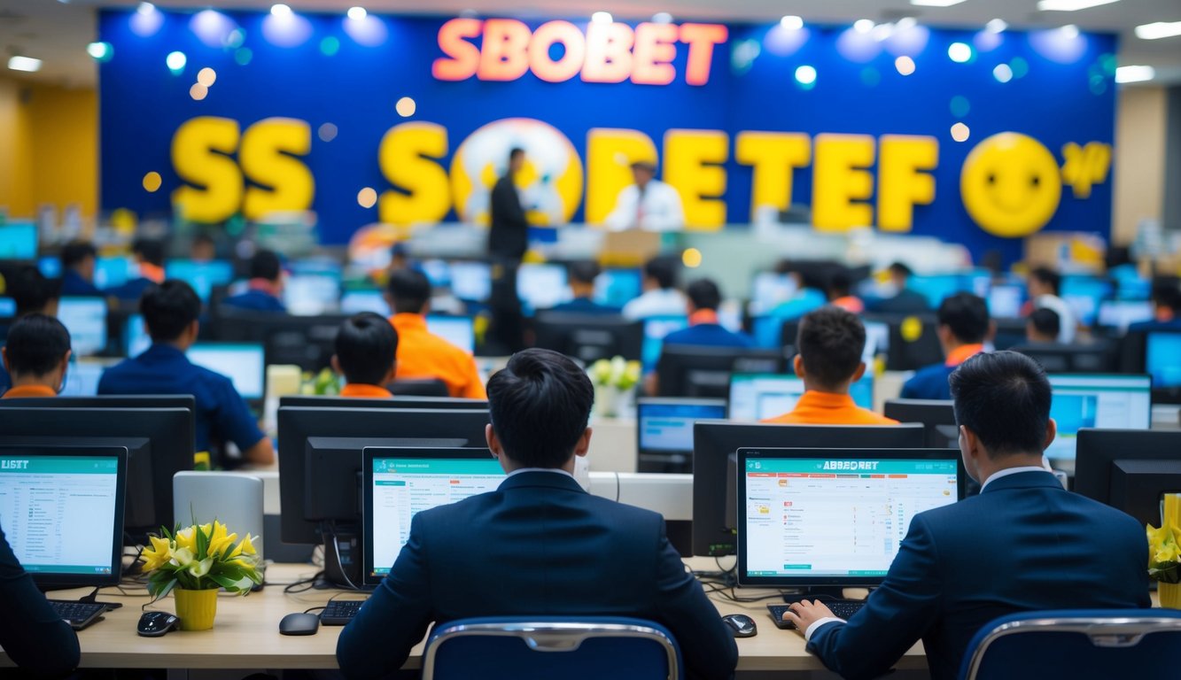 Sebuah pusat layanan pelanggan yang ramai dan hidup, buka 24/7, dengan agen yang membantu klien di agen Sbobet yang dapat dipercaya dan handal.