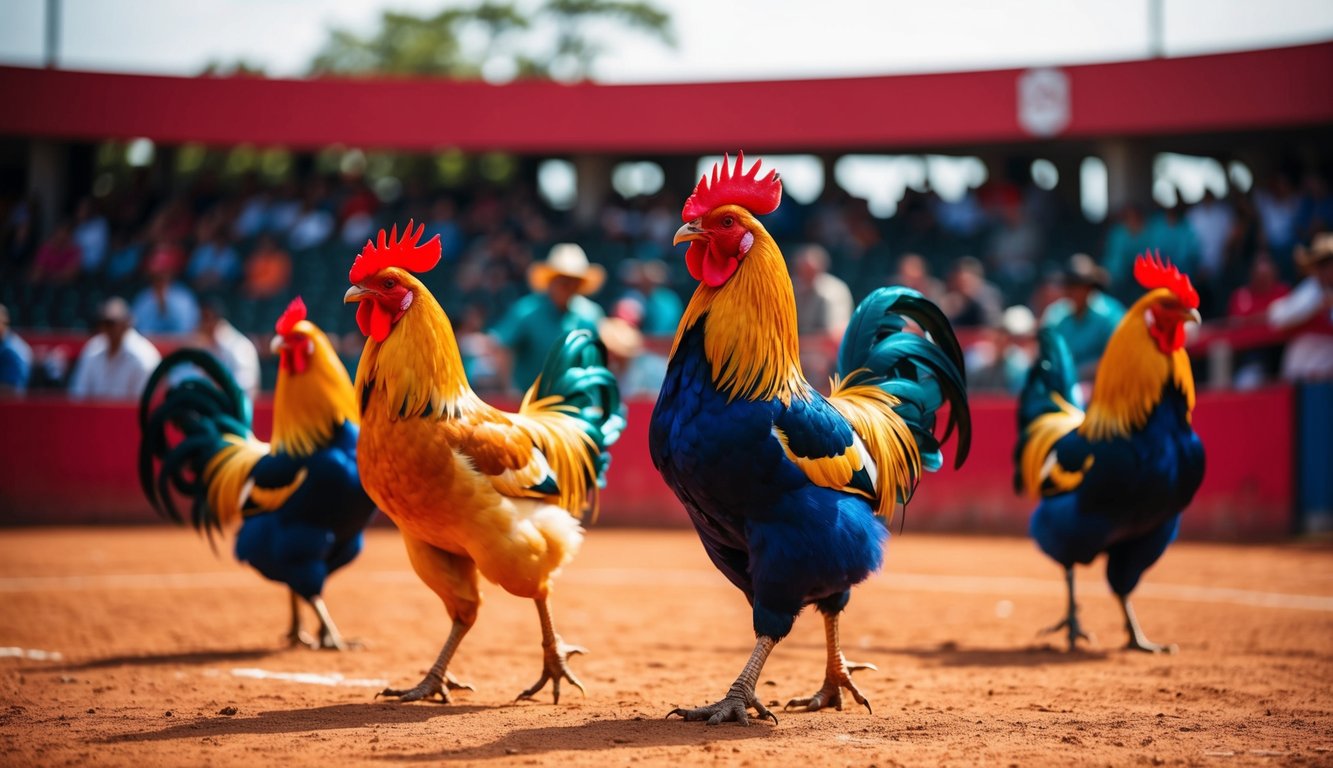 Arena sabung ayam yang meriah dengan ayam jantan berwarna-warni dan penonton yang antusias