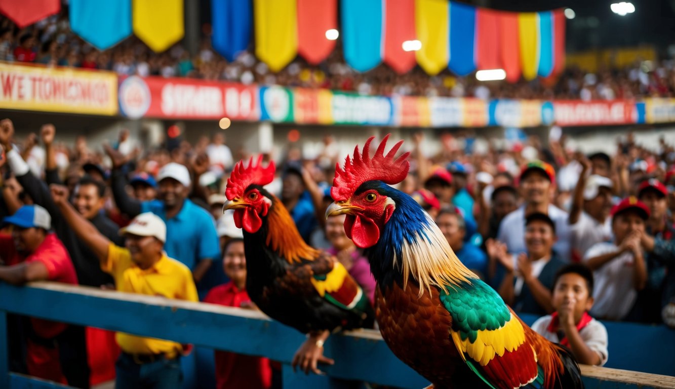 Arena sabung ayam yang meriah dengan spanduk berwarna-warni dan kerumunan yang bersorak