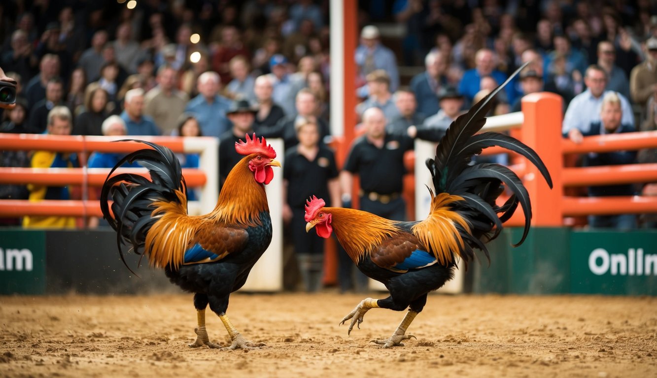 Sebuah arena yang ramai dengan ayam jantan yang bertarung, dikelilingi oleh penonton yang antusias dan tautan online yang dapat diakses untuk akses cepat dan aman