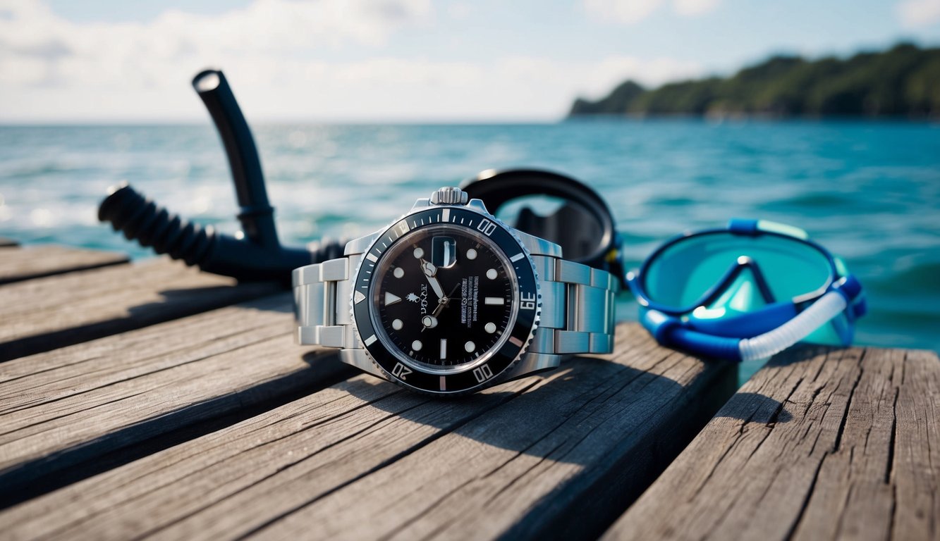 Sebuah jam tangan Rolex Submariner yang terletak di dermaga kayu dekat laut, dengan masker selam dan snorkel di dekatnya