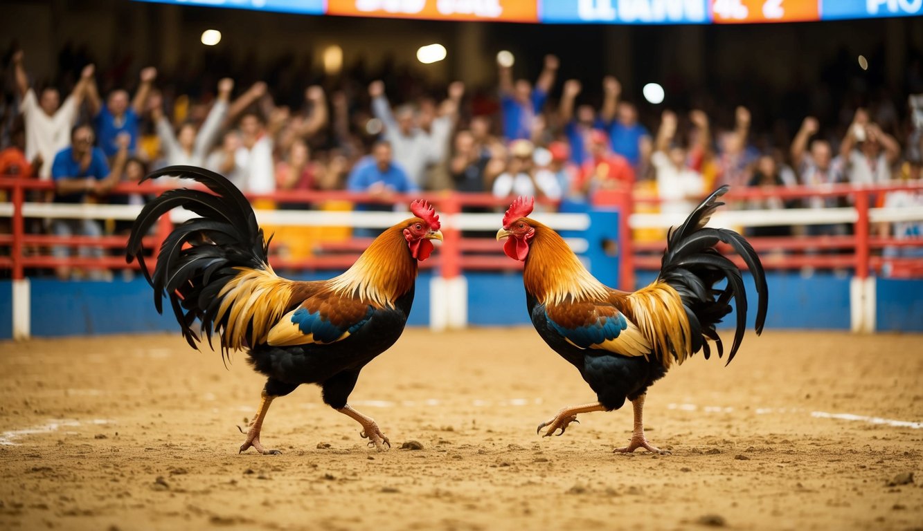 Sebuah arena sabung ayam yang ramai dengan penonton yang bersorak dan dua ayam jantan yang garang berhadapan di tengah ring