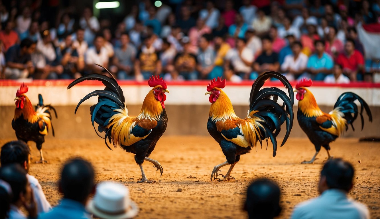 Sebuah arena yang hidup dengan ayam jantan yang dihiasi terlibat dalam pertarungan ayam yang sengit, dikelilingi oleh kerumunan penonton, semua ditangkap dalam streaming definisi tinggi