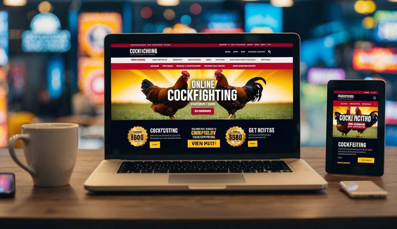 Sebuah situs web sabung ayam online yang ramai dengan spanduk yang cerah dan penawaran promosi yang menggoda