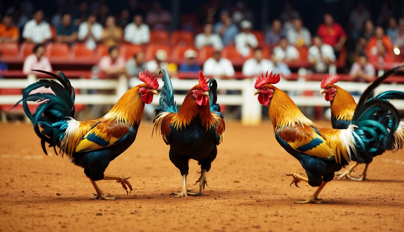 Sebuah arena yang ramai dengan ayam jantan berwarna-warni terlibat dalam pertarungan ayam yang hidup dan cepat, dikelilingi oleh penonton yang antusias