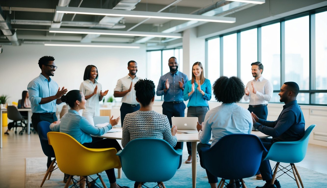 Sekelompok pekerja kantor yang beragam terlibat dalam kegiatan membangun tim dan latihan kesadaran di ruang kantor yang terang dan terbuka.