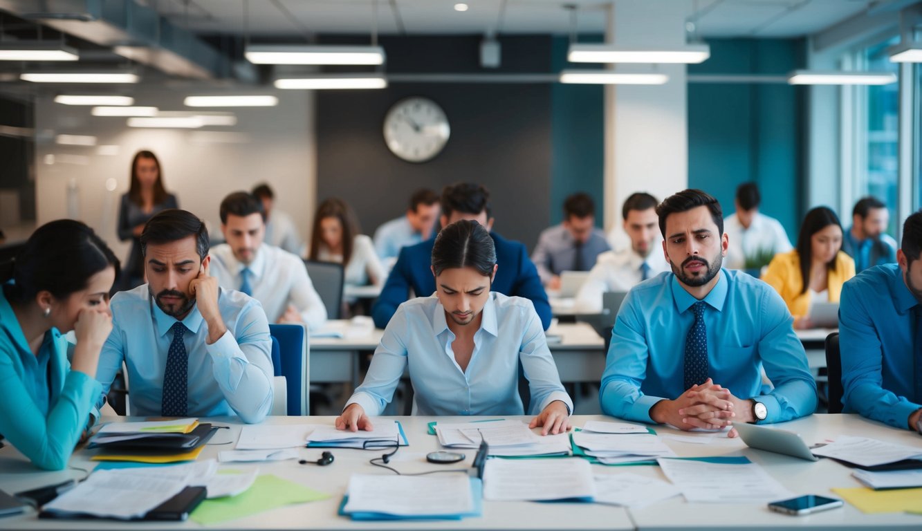 Sebuah kantor yang sibuk dengan karyawan di meja mereka, beberapa terlihat stres sementara yang lain sedang istirahat. Suasana tegang dengan kertas-kertas berserakan dan jam berdetak.