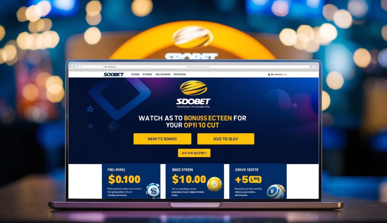 Sebuah situs web yang dinamis dengan promosi dan bonus yang menarik, menampilkan logo Sbobet dan grafik yang mencolok