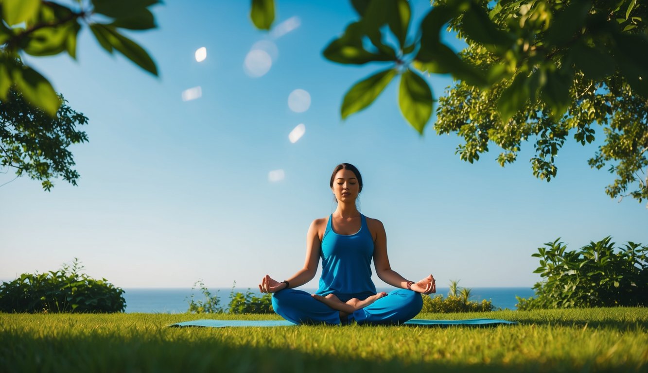 Sebuah pemandangan tenang seseorang yang bermeditasi di lingkungan alam yang damai, dikelilingi oleh pepohonan hijau yang rimbun dan langit biru yang cerah