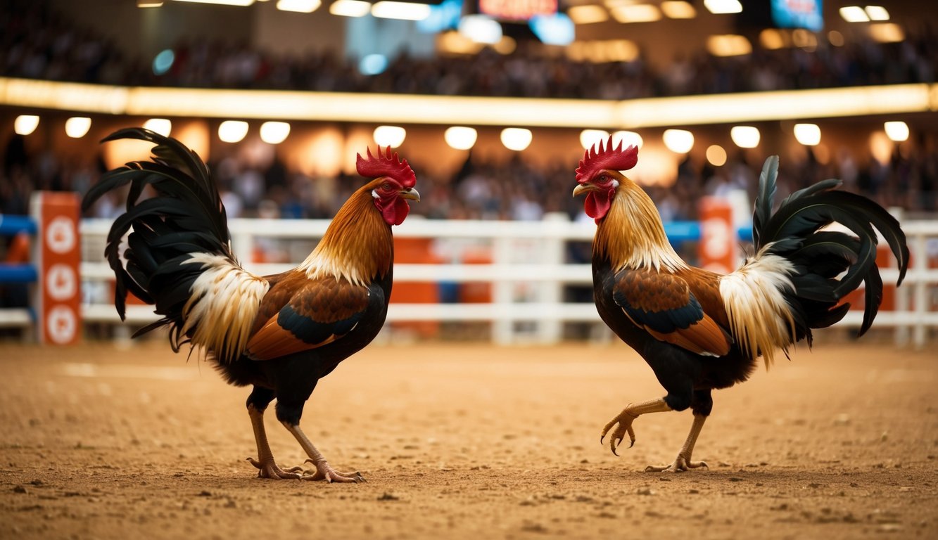 Sebuah arena yang ramai dan terang benderang dengan dua ayam jantan yang saling berhadapan dalam adu ayam yang penuh semangat dan aksi.