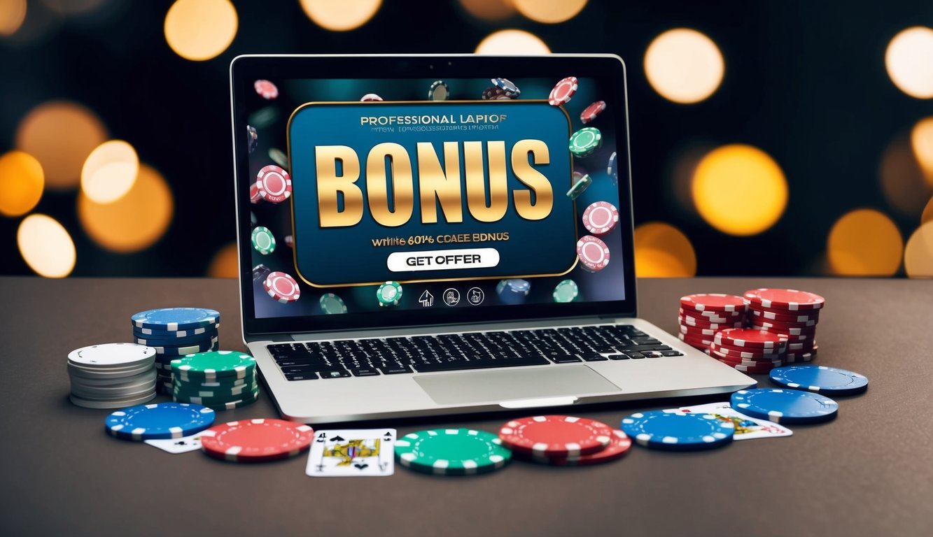 Sebuah laptop dikelilingi oleh chip poker dan kartu, dengan tawaran bonus ditampilkan di layar