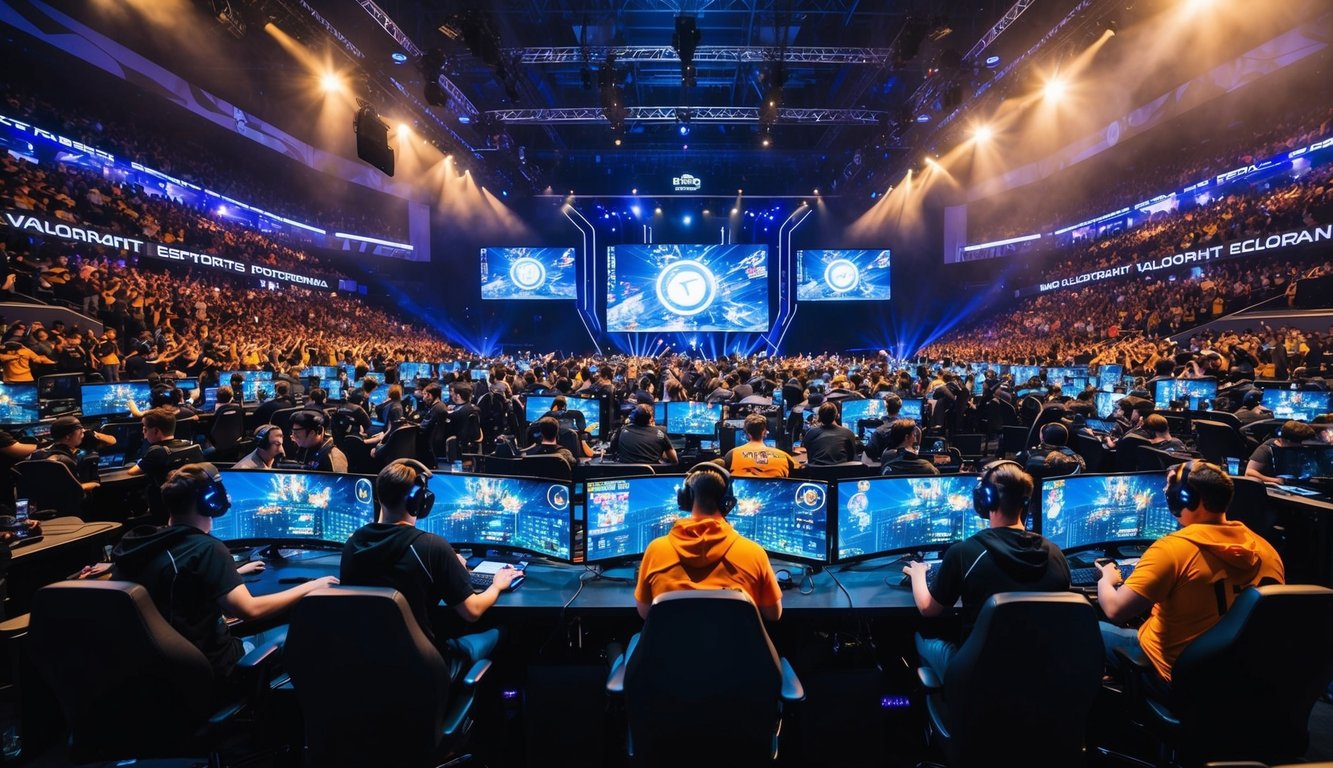 Sebuah arena yang ramai dipenuhi dengan para gamer yang intens bersaing dalam turnamen esports Valorant yang berisiko tinggi. Lampu-lampu terang, layar besar, dan penggemar yang bersorak menciptakan suasana yang menggetarkan.