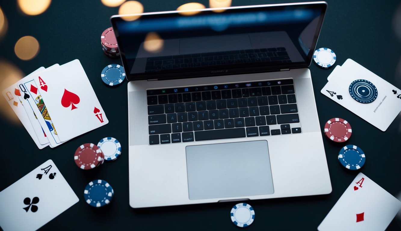 Sebuah laptop modern yang ramping dengan koneksi internet yang aman, dikelilingi oleh kartu permainan dan chip poker