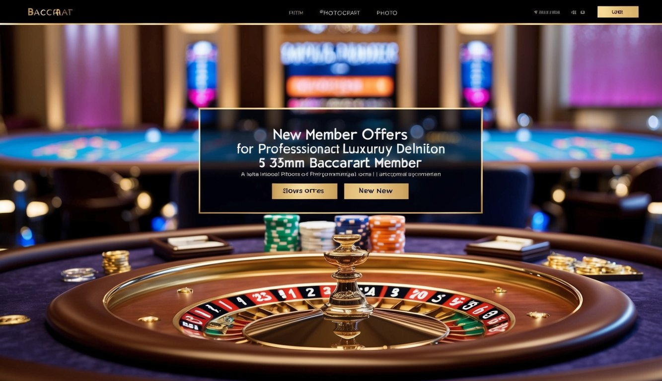 Sebuah meja baccarat mewah dengan warna-warna cerah dan tawaran bonus menarik untuk anggota baru yang ditampilkan pada antarmuka situs web yang ramping dan modern