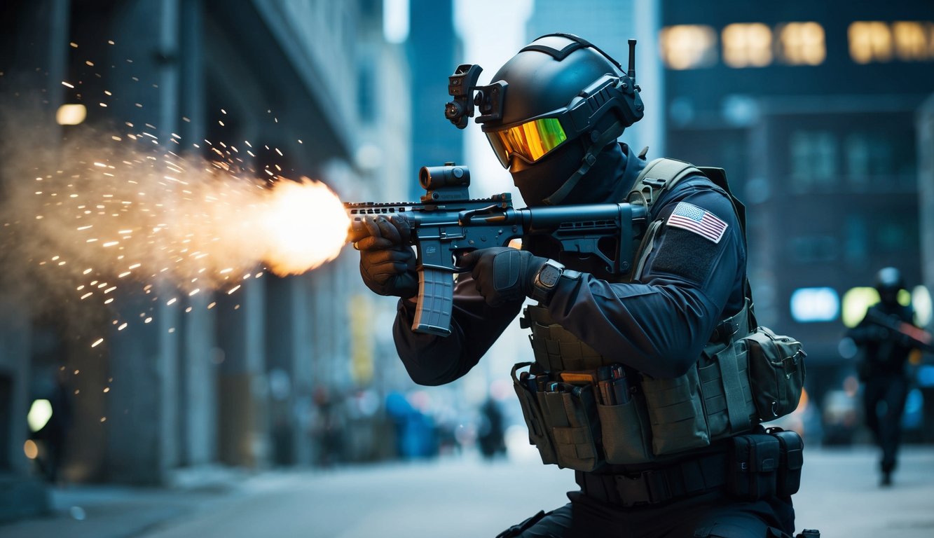 Seorang operator Rainbow Six Siege yang tangguh dalam aksi, diposisikan secara strategis dengan senjata siap di lingkungan perkotaan yang tegang.