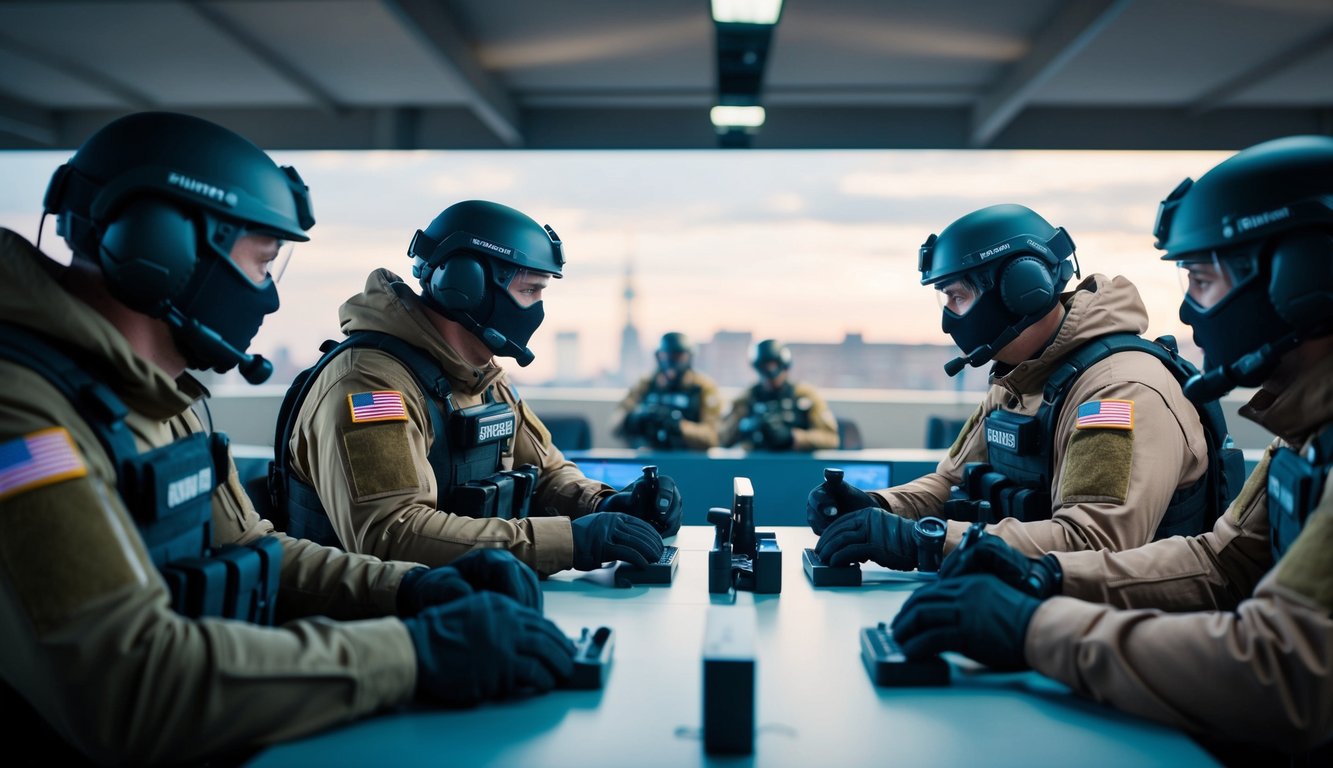 Sekelompok operator yang merencanakan dan mengatur strategi untuk langkah selanjutnya dalam pertandingan Rainbow Six Siege yang penuh risiko tinggi