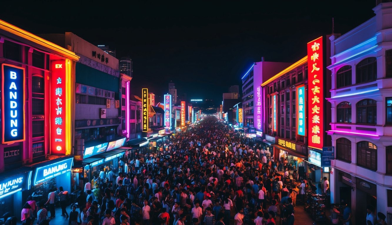 Pemandangan kehidupan malam yang hidup di Bandung dengan lampu neon berwarna-warni dan kerumunan yang ramai