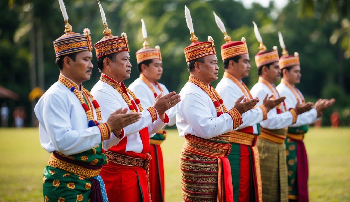 Sekelompok orang yang mengenakan pakaian tradisional Nusantara sedang melakukan upacara budaya di luar ruangan