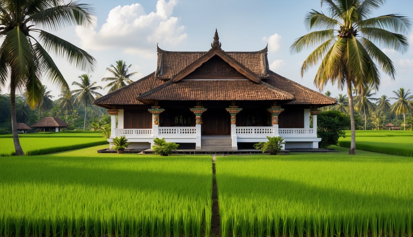 Sebuah rumah tradisional Indonesia yang dikelilingi oleh sawah hijau subur dan pohon kelapa, dengan ukiran yang rumit dan dekorasi berwarna-warni