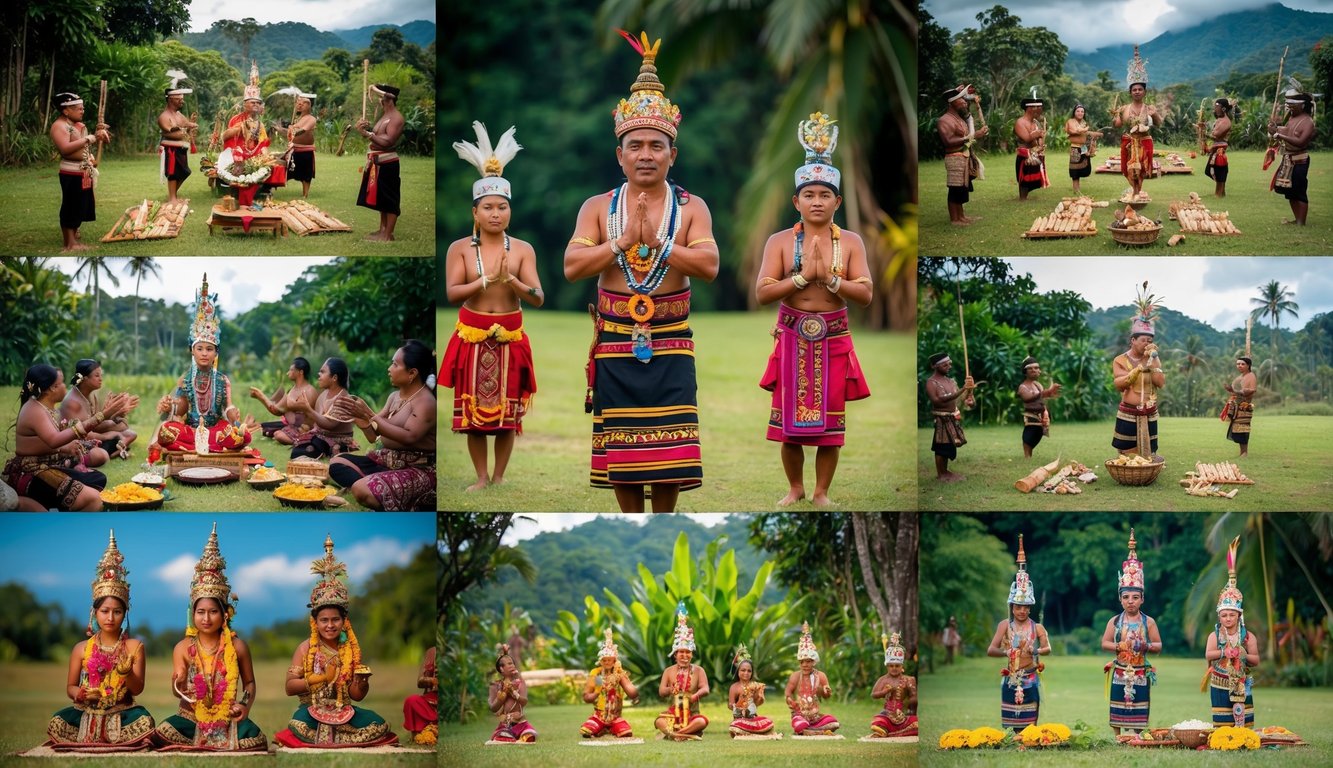 Berbagai ritual adat di Indonesia, dengan kostum tradisional, musik, dan persembahan, berlangsung di lingkungan alami dengan warna-warna cerah dan detail yang rumit.