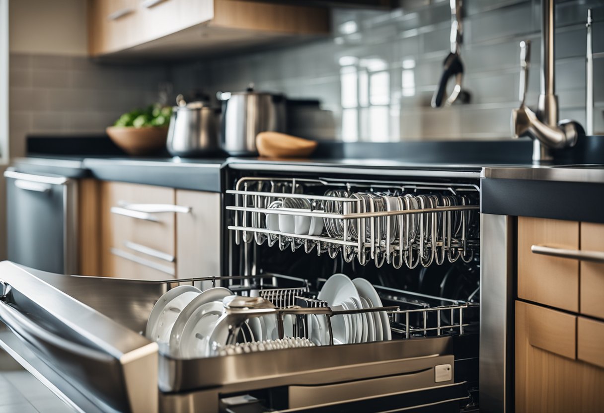 A well-maintained dishwasher sits quietly in a clean, organized kitchen, ready to tackle the day's dirty dishes