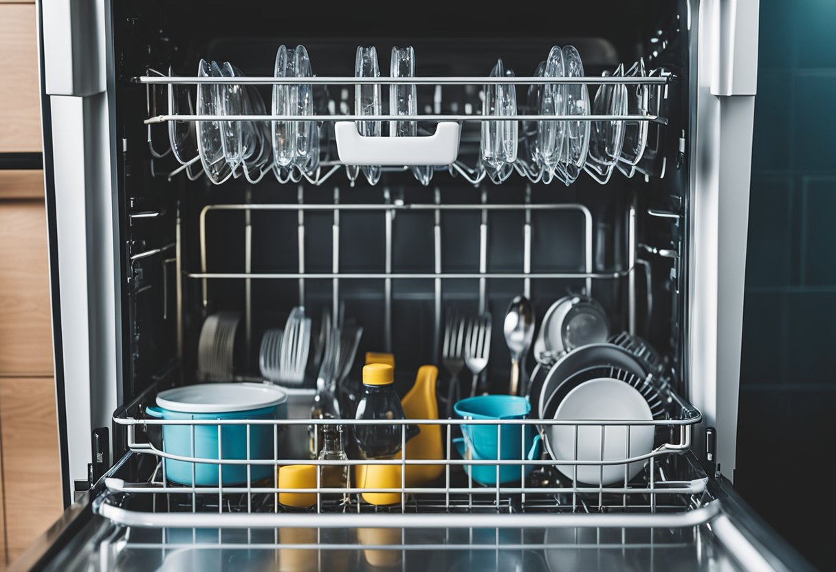 A sparkling clean dishwasher surrounded by maintenance tools and supplies