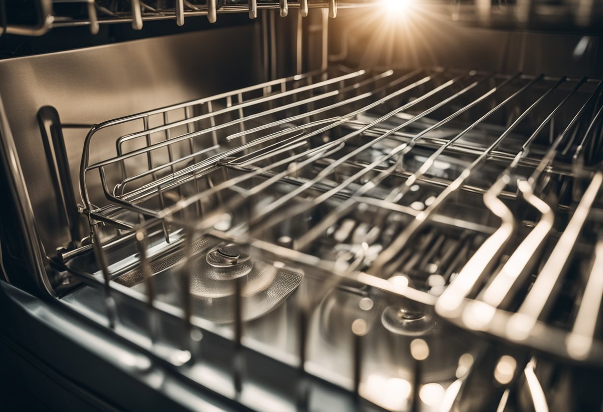 A sparkling clean dishwasher surrounded by dirty dishes, with a bright light shining on it to emphasize its importance